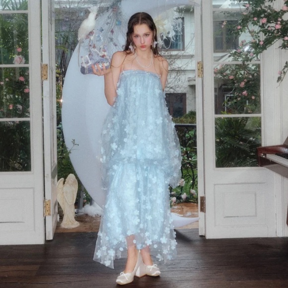 Light Blue Floral Layered Dress with Delicate Spaghetti Straps - Picture 1 of 11